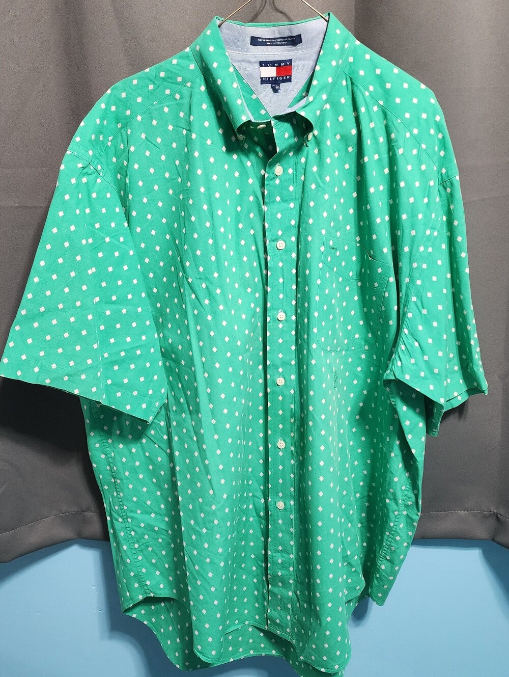 Vintage 90s Tommy Hilfiger Green Diamond Shirt Mens XL